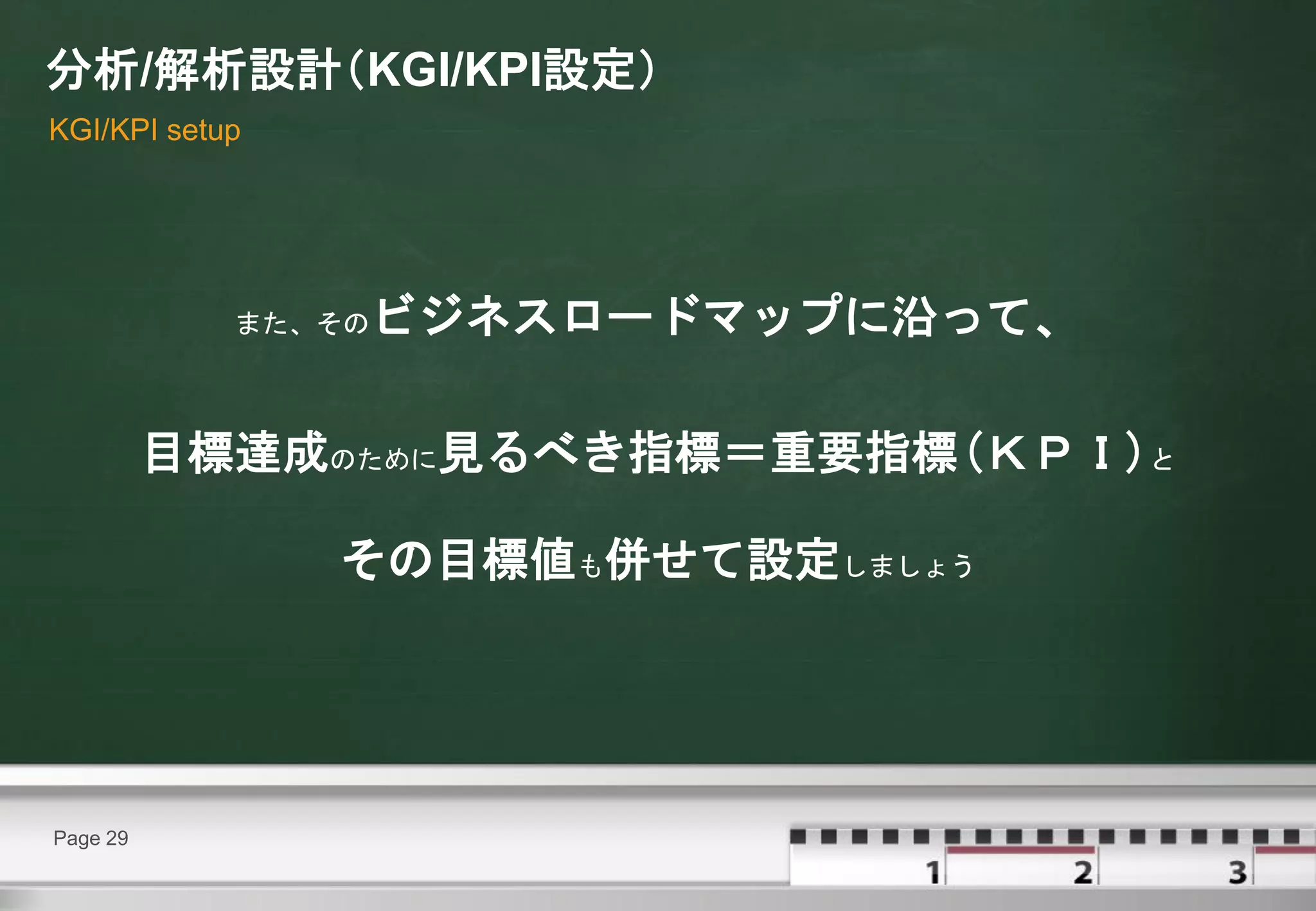 分析/解析設計（KGI/KPI設定）
KGI/KPI setup




            また、その   ビジネスロードマップに沿って、

          目標達成のために見るべき指標＝重要指標(ＫＰＩ)と

                その目標値も併せて設定しましょう




Page 29
 