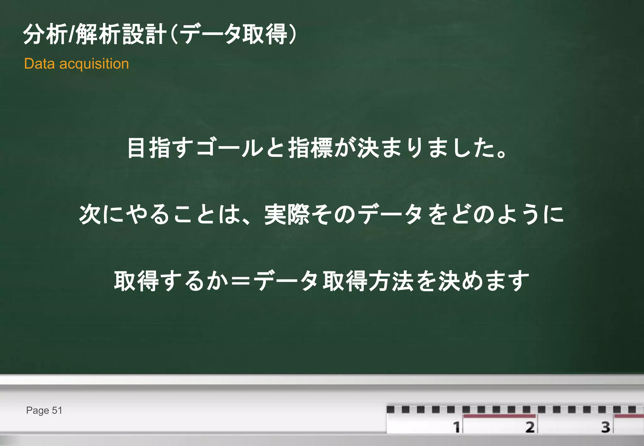 分析/解析設計（データ取得）
Data acquisition




               目指すゴールと指標が決まりました。

          次にやることは、実際そのデータをどのように

             取得するか＝データ取得方法を決めます




Page 51
 