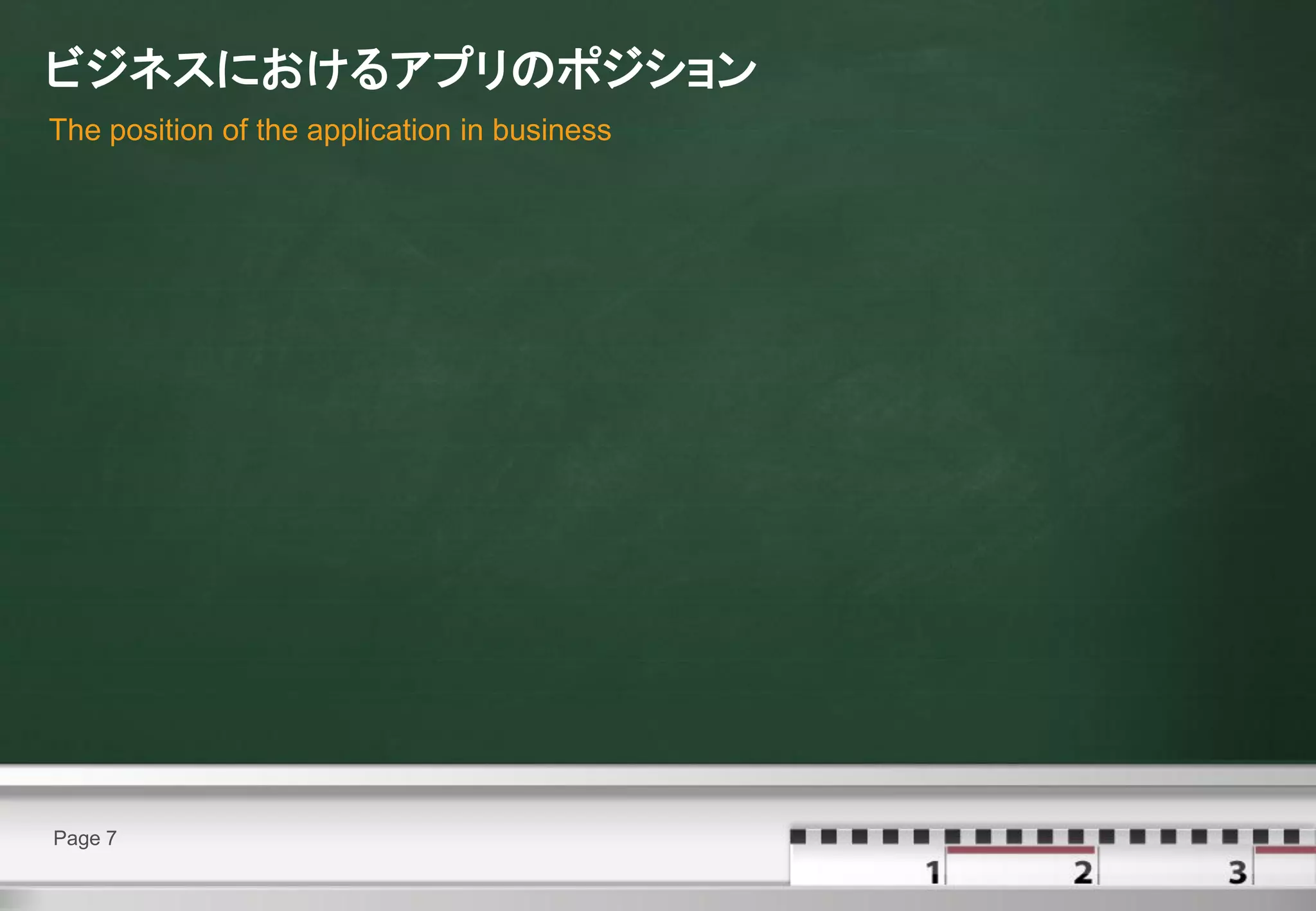 ビジネスにおけるアプリのポジション
The position of the application in business




Page 7
 