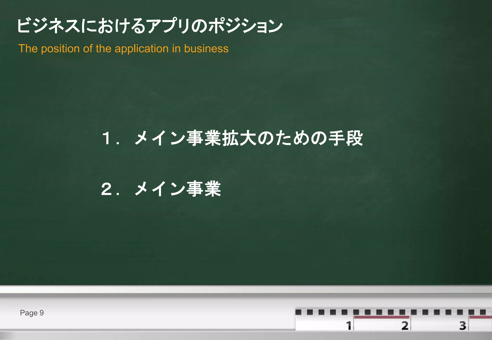 ビジネスにおけるアプリのポジション
The position of the application in business




                １．メイン事業拡大のための手段

                ２．メイン事業




Page 9
 