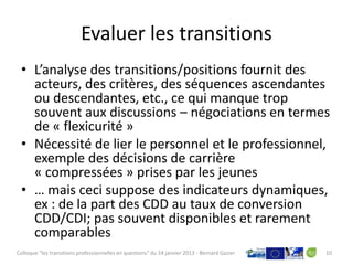Evaluer les transitions
 • L’analyse des transitions/positions fournit des
   acteurs, des critères, des séquences ascendantes
   ou descendantes, etc., ce qui manque trop
   souvent aux discussions – négociations en termes
   de « flexicurité »
 • Nécessité de lier le personnel et le professionnel,
   exemple des décisions de carrière
   « compressées » prises par les jeunes
 • … mais ceci suppose des indicateurs dynamiques,
   ex : de la part des CDD au taux de conversion
   CDD/CDI; pas souvent disponibles et rarement
   comparables
Colloque "les transitions professionnelles en questions" du 24 janvier 2013 - Bernard Gazier   10
 