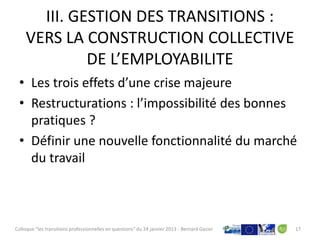 III. GESTION DES TRANSITIONS :
    VERS LA CONSTRUCTION COLLECTIVE
             DE L’EMPLOYABILITE
 • Les trois effets d’une crise majeure
 • Restructurations : l’impossibilité des bonnes
   pratiques ?
 • Définir une nouvelle fonctionnalité du marché
   du travail



Colloque "les transitions professionnelles en questions" du 24 janvier 2013 - Bernard Gazier   17
 