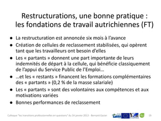 Restructurations, une bonne pratique :
       les fondations de travail autrichiennes (FT)
      La restructuration est annoncée six mois à l’avance
      Création de cellules de reclassement stabilisées, qui opèrent
       tant que les travailleurs ont besoin d’elles
      Les « partants » donnent une part importante de leurs
       indemnités de départ à la cellule, qui bénéficie classiquement
       de l’appui du Service Public de l’Emploi…
      …et les « restants » financent les formations complémentaires
       des « partants » (0,2 % de la masse salariale)
      Les « partants » sont des volontaires aux compétences et aux
       motivations variées
      Bonnes performances de reclassement

Colloque "les transitions professionnelles en questions" du 24 janvier 2013 - Bernard Gazier   19
 