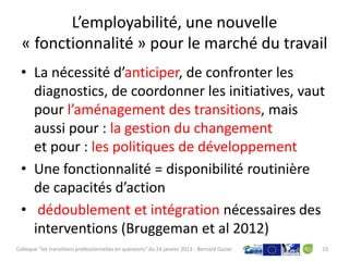 L’employabilité, une nouvelle
  « fonctionnalité » pour le marché du travail
 • La nécessité d’anticiper, de confronter les
   diagnostics, de coordonner les initiatives, vaut
   pour l’aménagement des transitions, mais
   aussi pour : la gestion du changement
   et pour : les politiques de développement
 • Une fonctionnalité = disponibilité routinière
   de capacités d’action
 • dédoublement et intégration nécessaires des
   interventions (Bruggeman et al 2012)
Colloque "les transitions professionnelles en questions" du 24 janvier 2013 - Bernard Gazier   23
 