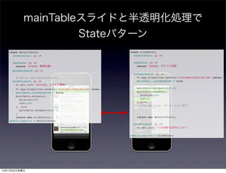 mainTableスライドと半透明化処理で
                    Stateパターン
   class defaultState                                          class slideState
     constructor: () ->                                          constructor: () ->
                                                                    
     sayState: () ->                                             sayState: () ->
       return "STATE: 標準状態"                                        return "STATE: スライド状態"
     moveBackward: () ->                                           
                                                                 moveBackward: () ->
       # return new defaultState()                                 Ti.App.Properties.setBool("stateMainTableSlide",false)
     moveForward: () ->                                            mainTable.touchEnabled = true
       Ti.API.info "ACTION: スライド開始"                                
       Ti.App.Properties.setBool("stateMainTableSlide",true)       mainTable.setOpacity(1.0)
       mainTable.touchEnabled = false                              mainTable.animate({
       mainTable.animate({                                           duration:200
         duration:200                                                left:0
         left:160                                                  },()->
       }, ()->                                                       # Ti.API.info "アニメーション終了"
         mainTable.setOpacity(0.5)                                 
       )                                                           )
       return new slideState()                                     return new defaultState()
   module.exports = defaultState                                   
                                                                 moveForward: () ->
                                                                   Ti.API.info "この状態では何もしない"
                                                                       
                                                               module.exports = slideState




13年1月25日金曜日
 
