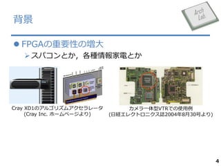 
? FPGAҪԤΉ
? ѥȤN늤Ȥ

Cray XD1Υ르ꥺॢ`
(Cray Inc. ۩`ک`)

һVTRǤʹ
(սU쥯ȥ˥I2004830Ť)

4

 