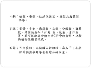 4.鈣：奶類、蛋類、紅綠色蔬菜 、豆製品及其製
    品等。

5.鐵：蛋黃、牛奶、海藻類、豆類、全穀類、葡萄
    乾、綠葉蔬菜如：紅莧 菜、菠菜、青江菜
    等，並可搭配富含維生素C的食物食用，以提
    高植物性鐵質吸收。

6.鋅：可由蛋類、未精緻五穀雜糧、南瓜子、小麥
    胚芽與燕麥片等食物增加攝取量。
 