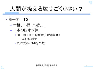 人間が扱える数はごく小さい？	
•  ５＋７＝１３
 –  一桁、二桁、三桁、…
 –  日本の国家予算
   •  １００兆円（一般会計、H２３年度）
     –  GDP 500兆円
   •  たかだか、１４桁の数




               神戸大学大学院 森井昌克	
   4	
 