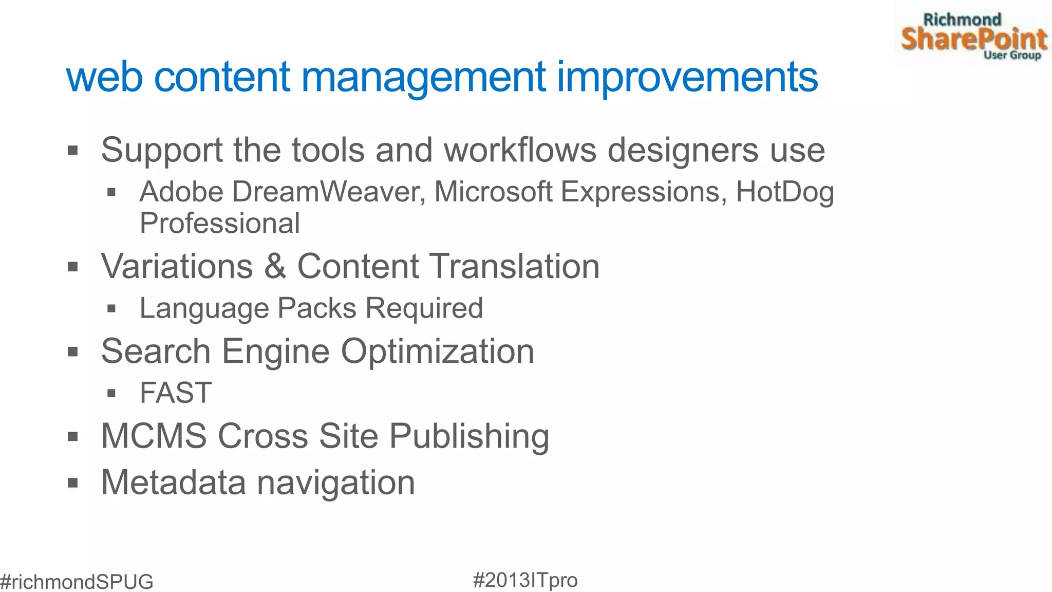 web content management improvements
 