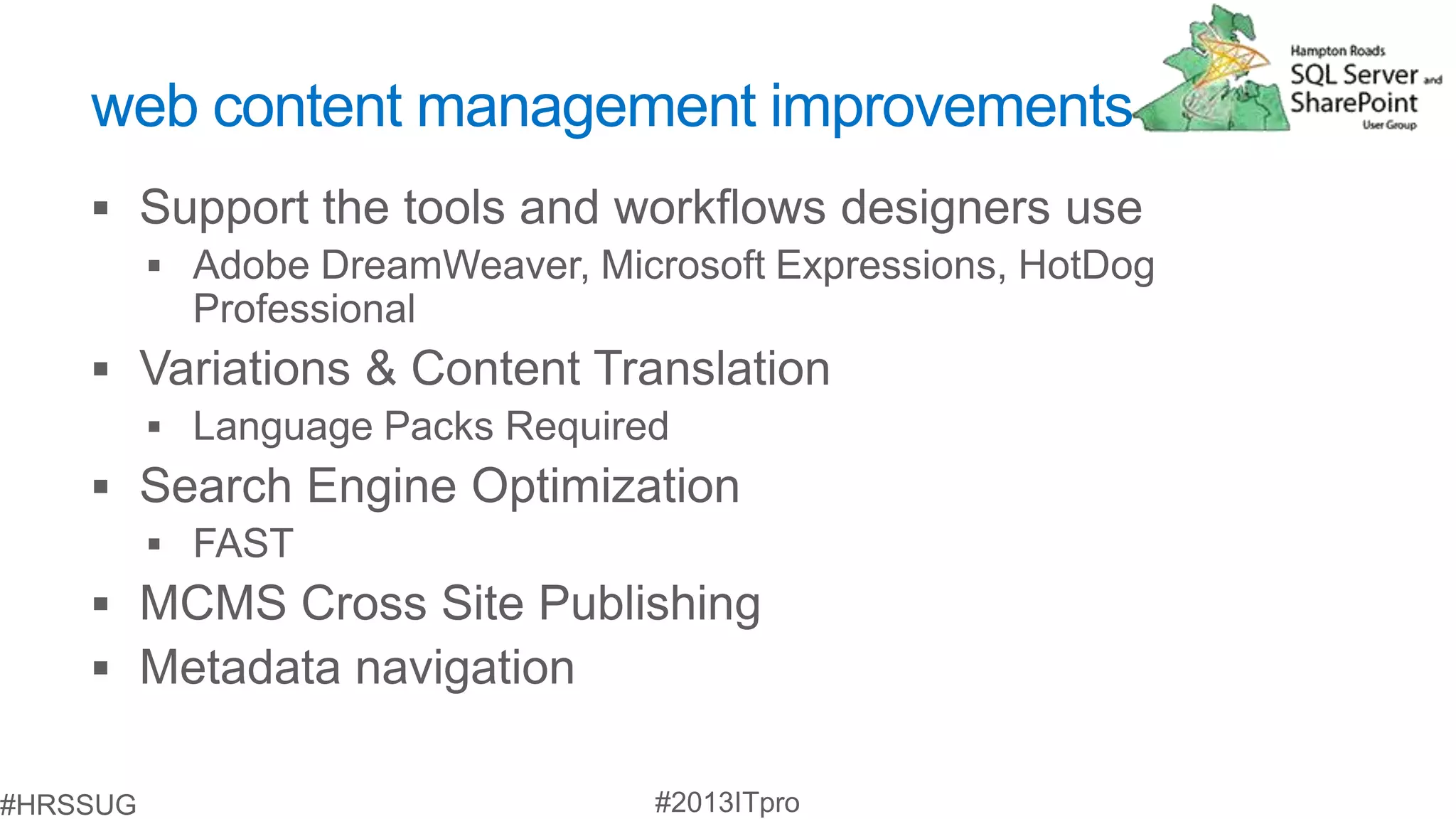 web content management improvements
 