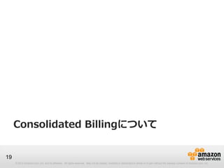 Consolidated Billingについて


19
     © 2012 Amazon.com, Inc. and its affiliates. All rights reserved. May not be copied, modified or distributed in whole or in part without the express consent of Amazon.com, Inc.
 