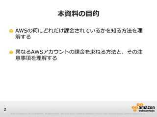 本資料の目的

         AWSの何にどれだけ課金されているかを知る方法を理
         解する

         異なるAWSアカウントの課金を束ねる方法と、その注
         意事項を理解する




2
    © 2012 Amazon.com, Inc. and its affiliates. All rights reserved. May not be copied, modified or distributed in whole or in part without the express consent of Amazon.com, Inc.
 