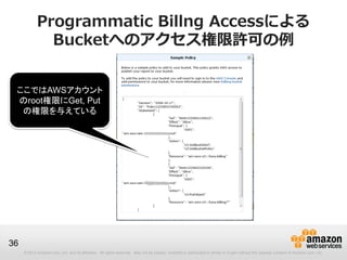 Programmatic Billng Accessによる
              Bucketへのアクセス権限許可の例


 ここではAWSアカウント
 のroot権限にGet, Put
  の権限を与えている




36
     © 2012 Amazon.com, Inc. and its affiliates. All rights reserved. May not be copied, modified or distributed in whole or in part without the express consent of Amazon.com, Inc.
 
