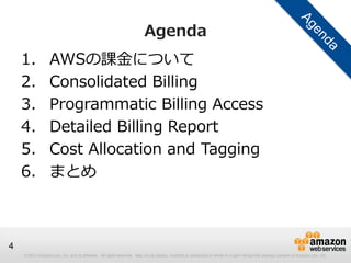 Agenda
    1.            AWSの課金について
    2.            Consolidated Billing
    3.            Programmatic Billing Access
    4.            Detailed Billing Report
    5.            Cost Allocation and Tagging
    6.            まとめ



4
    © 2012 Amazon.com, Inc. and its affiliates. All rights reserved. May not be copied, modified or distributed in whole or in part without the express consent of Amazon.com, Inc.
 