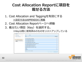Cost Allocation Reportに項目を
                               載せる方法
     1. Cost Allocation and Taggingを有効にする
                       ※設定方法はAPPENDIXに掲載
     2. Cost Allocation Reportページへ移動
     3. 載せたい項目（Key）を選択する。
                       ※Keyは既に使用済みのものをリストアップしている




50
     © 2012 Amazon.com, Inc. and its affiliates. All rights reserved. May not be copied, modified or distributed in whole or in part without the express consent of Amazon.com, Inc.
 