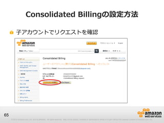 Consolidated Billingの設定方法

          子アカウントでリクエストを確認




65
     © 2012 Amazon.com, Inc. and its affiliates. All rights reserved. May not be copied, modified or distributed in whole or in part without the express consent of Amazon.com, Inc.
 