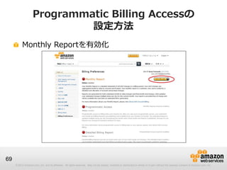 Programmatic Billing Accessの
                             設定方法
          Monthly Reportを有効化




69
     © 2012 Amazon.com, Inc. and its affiliates. All rights reserved. May not be copied, modified or distributed in whole or in part without the express consent of Amazon.com, Inc.
 