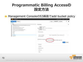 Programmatic Billing Accessの
                             設定方法
          Management ConsoleのS3画面でadd bucket policy




72
     © 2012 Amazon.com, Inc. and its affiliates. All rights reserved. May not be copied, modified or distributed in whole or in part without the express consent of Amazon.com, Inc.
 