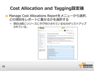 Cost Allocation and Tagging設定後
          Manage Cost Allocations Reportをメニューから選択、
          どの項目をレポートに載せるかを選択する
             • 項目は既にリソースにタグ付けされているものがリストアップ
               されている。




82
     © 2012 Amazon.com, Inc. and its affiliates. All rights reserved. May not be copied, modified or distributed in whole or in part without the express consent of Amazon.com, Inc.
 