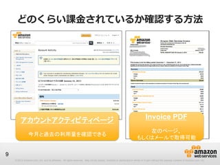 どのくらい課金されているか確認する方法




         アカウントアクティビティページ                                                                                                    Invoice PDF
                                                                                                                       左のページ、
                今月と過去の利用量を確認できる
                                                                                                                    もしくはメールで取得可能


9
    © 2012 Amazon.com, Inc. and its affiliates. All rights reserved. May not be copied, modified or distributed in whole or in part without the express consent of Amazon.com, Inc.
 