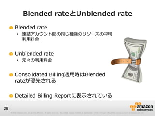 Blended rateとUnblended rate
          Blended rate
             • 連結アカウント間の同じ種類のリソースの平均
               利用料金


          Un...