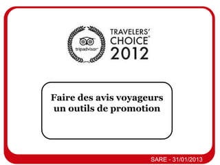 Faire des avis voyageurs
un outils de promotion




            Atelier Avis Voyageurs
                     SARE - 31/01/2013
 