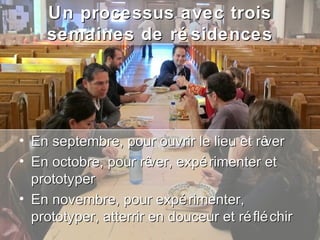 Un processus avec trois
    semaines de ré sidences




• En septembre, pour ouvrir le lieu et rê  ver
• En octobre, pour rê  ver, expé rimenter et
  prototyper
• En novembre, pour expé rimenter,
  prototyper, atterrir en douceur et ré flé chir
 