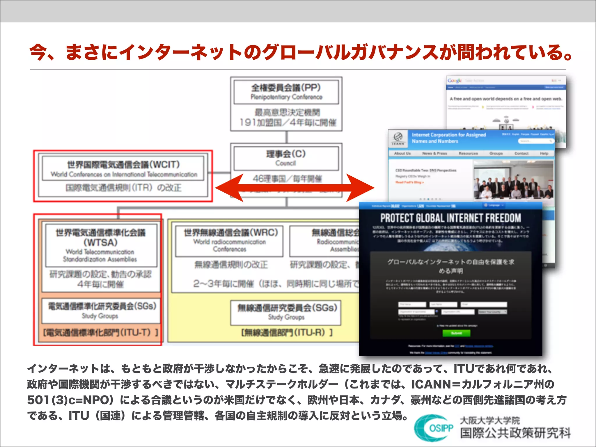 今、まさにインターネットのグローバルガバナンスが問われている。




インターネットは、もともと政府が干渉しなかったからこそ、急速に発展したのであって、ITUであれ何であれ、
政府や国際機関が干渉するべきではない、マルチステークホルダー（これまでは、ICANN＝カルフォルニア州の
501(3)c=NPO）による合議というのが米国だけでなく、欧州や日本、カナダ、豪州などの西側先進諸国の考え方
である、ITU（国連）による管理管轄、各国の自主規制の導入に反対という立場。
 