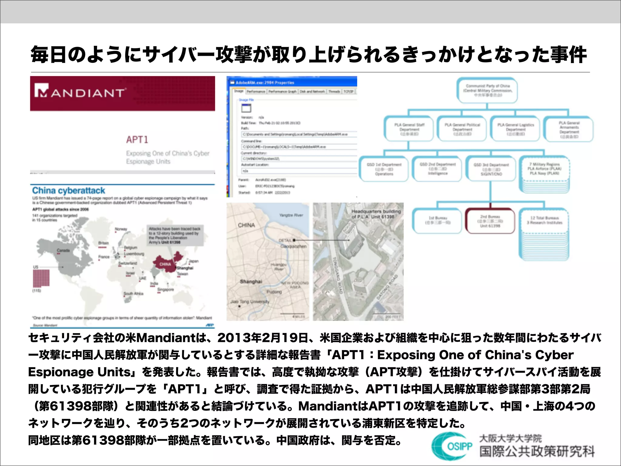 毎日のようにサイバー攻撃が取り上げられるきっかけとなった事件




セキュリティ会社の米Mandiantは、2013年2月19日、米国企業および組織を中心に狙った数年間にわたるサイバ
ー攻撃に中国人民解放軍が関与しているとする詳細な報告書「APT1：Exposing One of China's Cyber
Espionage Units」を発表した。報告書では、高度で執拗な攻撃（APT攻撃）を仕掛けてサイバースパイ活動を展
開している犯行グループを「APT1」と呼び、調査で得た証拠から、APT1は中国人民解放軍総参謀部第3部第2局
（第61398部隊）と関連性があると結論づけている。MandiantはAPT1の攻撃を追跡して、中国・上海の4つの
ネットワークを辿り、そのうち2つのネットワークが展開されている浦東新区を特定した。
同地区は第61398部隊が一部拠点を置いている。中国政府は、関与を否定。
 