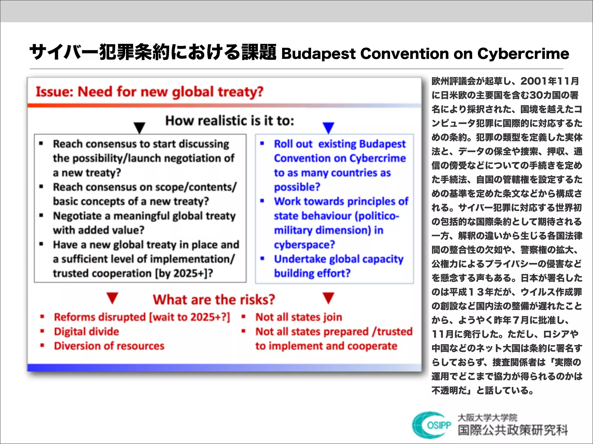 サイバー犯罪条約における課題 Budapest Convention on Cybercrime
                                   欧州評議会が起草し、2001年11月
                                   に日米欧の主要国を含む30カ国の署
                                   名により採択された、国境を越えたコ
                                   ンピュータ犯罪に国際的に対応するた
                                   めの条約。犯罪の類型を定義した実体
                                   法と、データの保全や捜索、押収、通
                                   信の傍受などについての手続きを定め
                                   た手続法、自国の管轄権を設定するた
                                   めの基準を定めた条文などから構成さ
                                   れる。サイバー犯罪に対応する世界初
                                   の包括的な国際条約として期待される
                                   一方、解釈の違いから生じる各国法律
                                   間の整合性の欠如や、警察権の拡大、
                                   公権力によるプライバシーの侵害など
                                   を懸念する声もある。日本が署名した
                                   のは平成１３年だが、ウイルス作成罪
                                   の創設など国内法の整備が遅れたこと
                                   から、ようやく昨年７月に批准し、
                                   11月に発行した。ただし、ロシアや
                                   中国などのネット大国は条約に署名す
                                   らしておらず、捜査関係者は「実際の
                                   運用でどこまで協力が得られるのかは
                                   不透明だ」と話している。
 