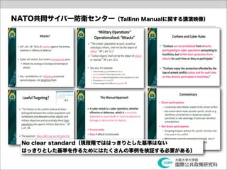 NATO共同サイバー防衛センター（Tallinn Manualに関する講演映像）




  No clear standard（現段階でははっきりとした基準はない
  はっきりとした基準を作るためにはたくさんの事例を検証する必要がある）
 
