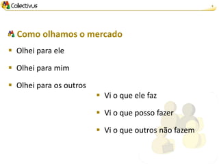 8




  Como olhamos o mercado
 Olhei para ele

 Olhei para mim

 Olhei para os outros
                          Vi o que ele faz

                          Vi o que posso fazer

                          Vi o que outros não fazem
 