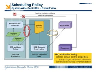 Scheduling Policy
        System-Wide Controller – Overall View




                                              BBQ Validation Policy
                                              - enforce certain control properties
                                                  energy budget, stability and robustness
                                              - authorize resources synchronization

Exploiting Linux CGroups for Effective RTRM
17
 