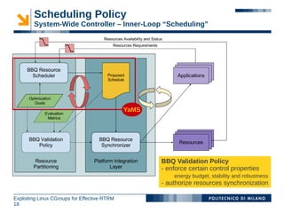 Scheduling Policy
        System-Wide Controller – Inner-Loop “Scheduling”




                                              YaMS




                                                     BBQ Validation Policy
                                                     - enforce certain control properties
                                                         energy budget, stability and robustness
                                                     - authorize resources synchronization

Exploiting Linux CGroups for Effective RTRM
18
 
