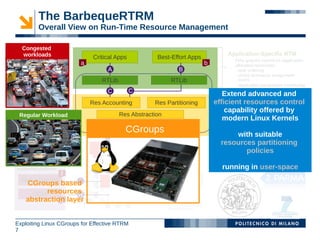 The BarbequeRTRM
          Overall View on Run-Time Resource Management

  Congested
user-space
    workloads                                                                        Application-Specific RTM
                               Critical Apps            Best-Effort Apps                Fine grained control on application
                          a                                                b            allocated resources:
                                    A                              B                    - task ordering
                                                                                        - virtual processor assignment
                                  RTLib                          RTLib                  - DVFS
 Dynamic Code                                                                           - application parameters monitoring
  Generation                        C          C
         c
                                                                                  Extend advanced and
                                                                                    System-Wide RTRM
                              Res Accounting           Res Partitioning        efficient resources control
                                                                                      Coarse grained control on platform
                      G                                                            capabilityaccounting, partitioning
                                                                                                   offered by
                                                                                      available resources:
 Regular Workload                         Res Abstraction                             - resource
                                                                                  modern Linux Kernels
                                                                                      and abstraction
                                                                                        - high-level HW events handling
                                 MRAPI
                                            CGroups    Platform Proxy                     e.g., critical conditions, faults...
                                                                                      with suitable
                                                                                        - manage applications priorities
                                    D                        E                          - power/thermal “coarse tuning”
kernel                                                                            resources partitioning
                                        Platform DRV
                                         Platform DRV                  d                 policies
                                           Platform Driver
                                                                                        BarbequeRTRM
supported platforms                                F                              running in user-space
                      f
  Task Mapping      I                     Platform Firmware
    CGroups based                                                                                         Legend
      DDM resourcesH                                                               X    SW Interface (API)
    abstraction layer
              e
                                                                                    Y    SW/HW Meta-data

Exploiting Linux CGroups for Effective RTRM
7
 