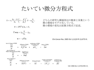 たいてい微分方程式
Cell. 2006 Dec 1;127(5):905-15.
Clin Cancer Res. 2005 Oct 1;11(19 Pt 1):6772-9.
どちらの研究も腫瘍周辺の酸素と栄養という
微小環境をモデル化している。
微小環境の変化は拡散方程式で記述。
 