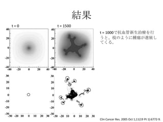 結果
Clin Cancer Res. 2005 Oct 1;11(19 Pt 1):6772-9.
t = 0 t = 1500
t = 1000で抗血管新生治療を行
うと、枝のように腫瘍が進展し
てくる。
 