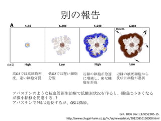別の報告
Cell. 2006 Dec 1;127(5):905-15.
O2量
高O2では高細胞密
度、速い細胞分裂
辺縁の壊死細胞から
枝状に細胞が進展
低O2では遅い細胞
分裂
辺縁の細胞が急速
に増殖し、密な腫
瘤を形成
アバスチンのような抗血管新生治療で低酸素状況を作ると、腫瘍は小さくなる
が微小転移を促進する…?
アバスチンでPFSは延長するが、OSは微妙。
http://www.chugai-harm.co.jp/hc/ss/news/detail/20120810150000.html
 