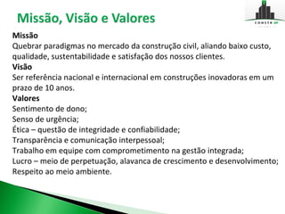 Missão
Quebrar paradigmas no mercado da construção civil, aliando baixo custo,
qualidade, sustentabilidade e satisfação dos nossos clientes.
Visão
Ser referência nacional e internacional em construções inovadoras em um
prazo de 10 anos.
Valores
Sentimento de dono;
Senso de urgência;
Ética – questão de integridade e confiabilidade;
Transparência e comunicação interpessoal;
Trabalho em equipe com comprometimento na gestão integrada;
Lucro – meio de perpetuação, alavanca de crescimento e desenvolvimento;
Respeito ao meio ambiente.
 