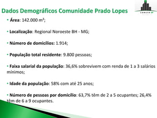 • Área: 142.000 m²;

• Localização: Regional Noroeste BH - MG;

• Número de domicílios: 1.914;

• População total residente: 9.800 pessoas;

• Faixa salarial da população: 36,6% sobrevivem com renda de 1 a 3 salários
mínimos;

• Idade da população: 58% com até 25 anos;

• Número de pessoas por domicílio: 63,7% têm de 2 a 5 ocupantes; 26,4%
têm de 6 a 9 ocupantes.
 
