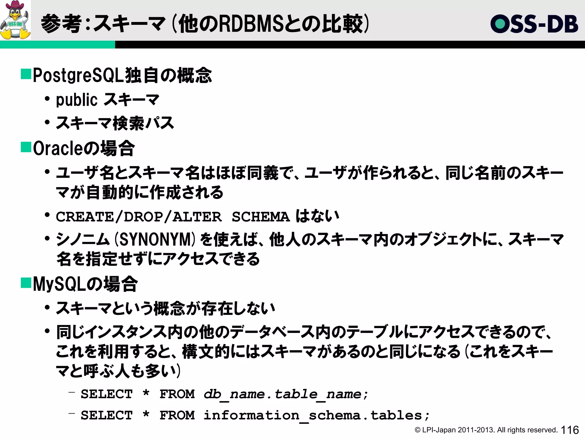 参考：スキーマ(他のRDBMSとの比較)

PostgreSQL独自の概念
   public スキーマ
   スキーマ検索パス
Oracleの場合
   ユーザ名とスキーマ名はほぼ同義で、ユーザが作られると、同じ名前のスキー
    マが自動的に作成される
   CREATE/DROP/ALTER SCHEMA はない
   シノニム(SYNONYM)を使えば、他人のスキーマ内のオブジェクトに、スキーマ
    名を指定せずにアクセスできる
MySQLの場合
   スキーマという概念が存在しない
   同じインスタンス内の他のデータベース内のテーブルにアクセスできるので、
    これを利用すると、構文的にはスキーマがあるのと同じになる(これをスキー
    マと呼ぶ人も多い)
    ­ SELECT * FROM db_name.table_name;
    ­ SELECT * FROM information_schema.tables;
                                            © LPI-Japan 2011-2013. All rights reserved. 116
 