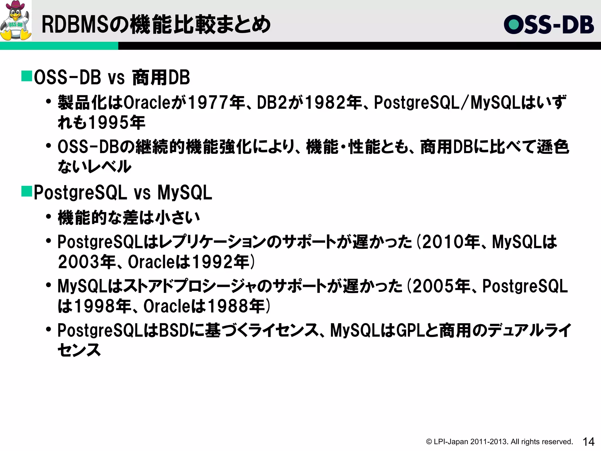 RDBMSの機能比較まとめ

OSS-DB vs 商用DB
   製品化はOracleが1977年、DB2が1982年、PostgreSQL/MySQLはいず
    れも1995年
   OSS-DBの継続的機能強化により、機能・性能とも、商用DBに比べて遜色
    ないレベル
PostgreSQL vs MySQL
   機能的な差は小さい
   PostgreSQLはレプリケーションのサポートが遅かった(2010年、MySQLは
    2003年、Oracleは1992年)
   MySQLはストアドプロシージャのサポートが遅かった(2005年、PostgreSQL
    は1998年、Oracleは1988年)
   PostgreSQLはBSDに基づくライセンス、MySQLはGPLと商用のデュアルライ
    センス




                                    © LPI-Japan 2011-2013. All rights reserved.   14
 
