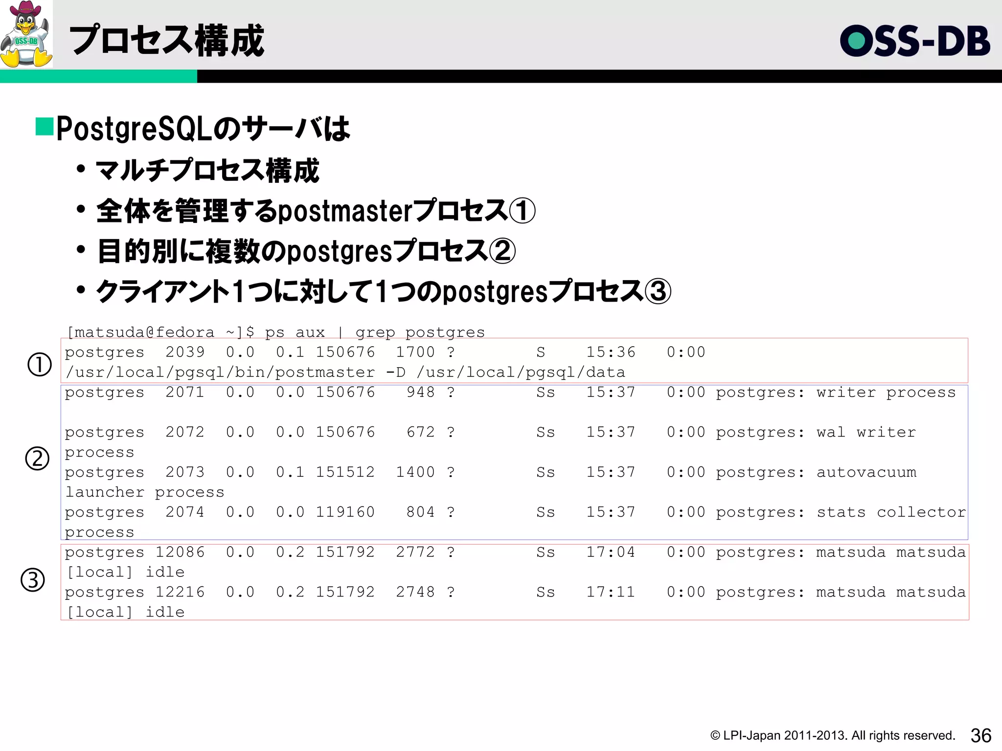 プロセス構成

PostgreSQLのサーバは
       マルチプロセス構成
       全体を管理するpostmasterプロセス①
       目的別に複数のpostgresプロセス②
       クライアント1つに対して1つのpostgresプロセス③
    [matsuda@fedora ~]$ ps aux | grep postgres
    postgres 2039 0.0 0.1 150676 1700 ?            S    15:36   0:00
①   /usr/local/pgsql/bin/postmaster -D /usr/local/pgsql/data
    postgres 2071 0.0 0.0 150676      948 ?        Ss   15:37   0:00 postgres: writer process

    postgres 2072 0.0    0.0 150676    672 ?       Ss   15:37   0:00 postgres: wal writer
    process
②   postgres 2073 0.0    0.1 151512   1400 ?       Ss   15:37   0:00 postgres: autovacuum
    launcher process
    postgres 2074 0.0    0.0 119160    804 ?       Ss   15:37   0:00 postgres: stats collector
    process
    postgres 12086 0.0   0.2 151792   2772 ?       Ss   17:04   0:00 postgres: matsuda matsuda
    [local] idle
③   postgres 12216 0.0   0.2 151792   2748 ?       Ss   17:11   0:00 postgres: matsuda matsuda
    [local] idle




                                                                       © LPI-Japan 2011-2013. All rights reserved.   36
 