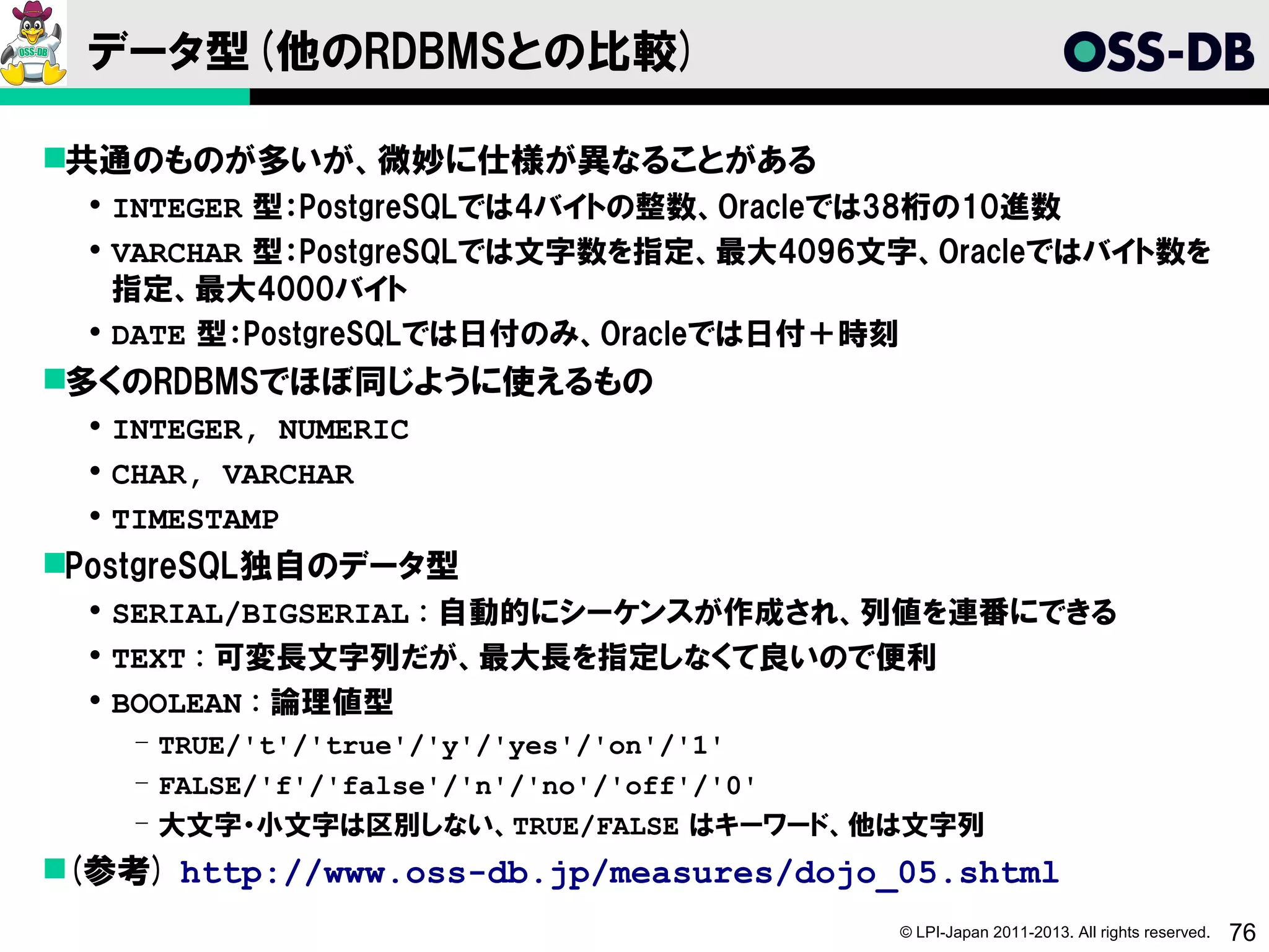 データ型(他のRDBMSとの比較)

共通のものが多いが、微妙に仕様が異なることがある
   INTEGER 型：PostgreSQLでは4バイトの整数、Oracleでは38桁の10進数
   VARCHAR 型：PostgreSQLでは文字数を指定、最大4096文字、Oracleではバイト数を
    指定、最大4000バイト
   DATE 型：PostgreSQLでは日付のみ、Oracleでは日付＋時刻
多くのRDBMSでほぼ同じように使えるもの
   INTEGER, NUMERIC
   CHAR, VARCHAR
   TIMESTAMP
PostgreSQL独自のデータ型
   SERIAL/BIGSERIAL : 自動的にシーケンスが作成され、列値を連番にできる
   TEXT : 可変長文字列だが、最大長を指定しなくて良いので便利
   BOOLEAN : 論理値型
    ­ TRUE/'t'/'true'/'y'/'yes'/'on'/'1'
    ­ FALSE/'f'/'false'/'n'/'no'/'off'/'0'
    ­ 大文字・小文字は区別しない、TRUE/FALSE はキーワード、他は文字列
(参考) http://www.oss-db.jp/measures/dojo_05.shtml
                                         © LPI-Japan 2011-2013. All rights reserved.   76
 