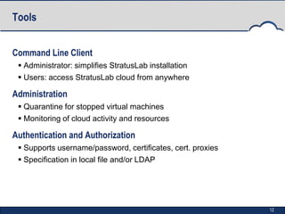 Tools


Command Line Client
  Administrator: simplifies StratusLab installation
  Users: access StratusLab cloud from anywhere

Administration
  Quarantine for stopped virtual machines
  Monitoring of cloud activity and resources

Authentication and Authorization
  Supports username/password, certificates, cert. proxies
  Specification in local file and/or LDAP




                                                             12
 