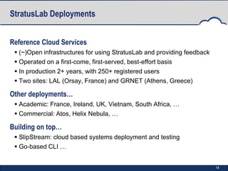 StratusLab Deployments


Reference Cloud Services
  (~)Open infrastructures for using StratusLab and providing feedback
  Operated on a first-come, first-served, best-effort basis
  In production 2+ years, with 250+ registered users
  Two sites: LAL (Orsay, France) and GRNET (Athens, Greece)

Other deployments…
  Academic: France, Ireland, UK, Vietnam, South Africa, …
  Commercial: Atos, Helix Nebula, …

Building on top…
  SlipStream: cloud based systems deployment and testing
  Go-based CLI …


                                                                         14
 