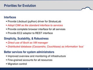 Priorities for Evolution


Interfaces
  Provide Libcloud (python) driver for StratusLab
  Adopt CIMI as the standard interface to services
  Provide complete browser interface for all services
  Provide EC2 adaptor to REST interface

Simplicity, Scalability, & Robustness
  Direct use of libvirt as VM manager
  Distributed database (Cassandra, Couchbase) as information ‘bus’

Better services for system administrators
  Improved overview and monitoring of infrastructure
  Fine-grained accounts for all resources
  Migration control
                                                                      15
 
