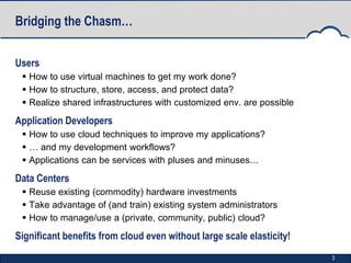 Bridging the Chasm…


Users
  How to use virtual machines to get my work done?
  How to structure, store, access, and protect data?
  Realize shared infrastructures with customized env. are possible

Application Developers
  How to use cloud techniques to improve my applications?
  … and my development workflows?
  Applications can be services with pluses and minuses…

Data Centers
  Reuse existing (commodity) hardware investments
  Take advantage of (and train) existing system administrators
  How to manage/use a (private, community, public) cloud?

Significant benefits from cloud even without large scale elasticity!
                                                                       3
 