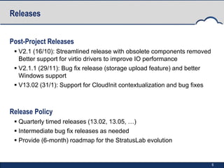 Releases


Post-Project Releases
  V2.1 (16/10): Streamlined release with obsolete components removed
   Better support for virtio drivers to improve IO performance
  V2.1.1 (29/11): Bug fix release (storage upload feature) and better
   Windows support
  V13.02 (31/1): Support for CloudInit contextualization and bug fixes



Release Policy
  Quarterly timed releases (13.02, 13.05, …)
  Intermediate bug fix releases as needed
  Provide (6-month) roadmap for the StratusLab evolution


                                                                          6
 