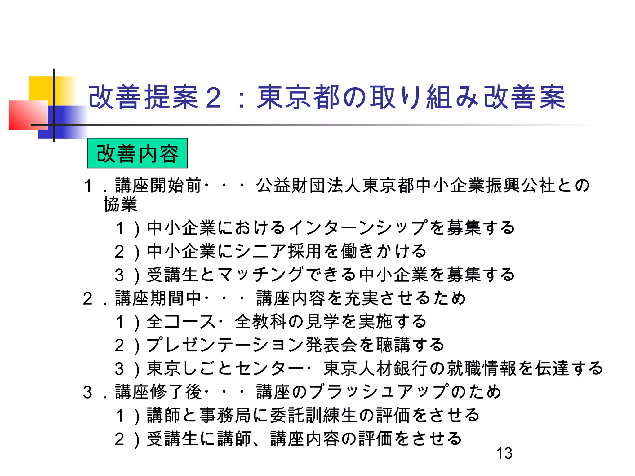 改善提案２：東京都の取り組み改善案
改善内容
１．講座開始前・・・公益財団法人東京都中小企業振興公社との
 協業
  １）中小企業におけるインターンシップを募集する
  ２）中小企業にシニア採用を働きかける
  ３）受講生とマッチングできる中小企業を募集する
２．講座期間中・・・講座内容を充実させるため
  １）全コース・全教科の見学を実施する
  ２）プレゼンテーション発表会を聴講する
  ３）東京しごとセンター・東京人材銀行の就職情報を伝達する
３．講座修了後・・・講座のブラッシュアップのため
  １）講師と事務局に委託訓練生の評価をさせる
  ２）受講生に講師、講座内容の評価をさせる
                       13
 
